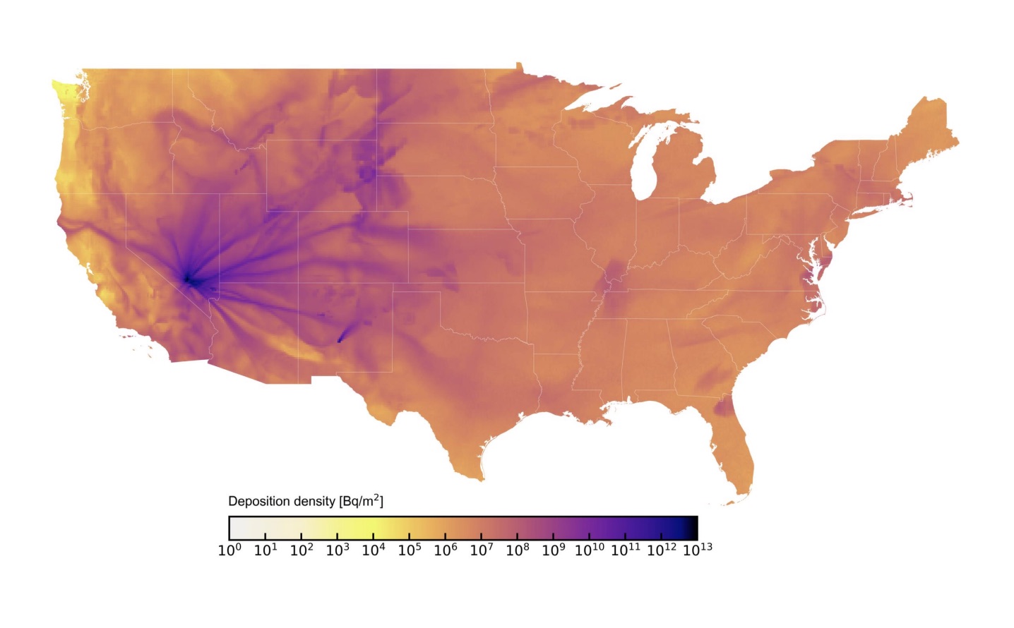 Fallout deposition density map across the United States
