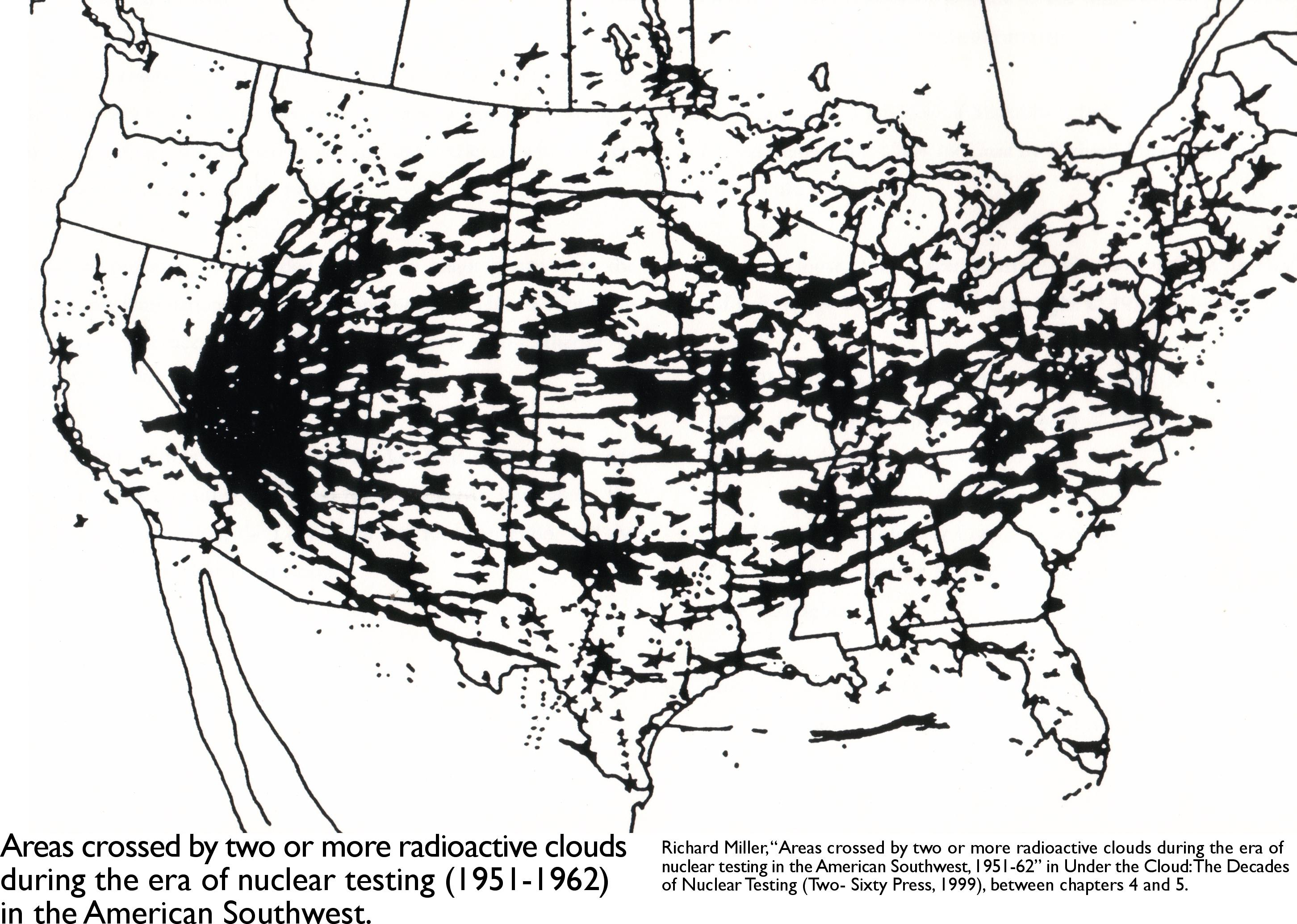 Historical map of the United States showing areas crossed by two or more radioactive clouds during nuclear testing, 1951–1962